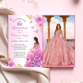Elégant Blush rose Floral Quinceañera Invitation