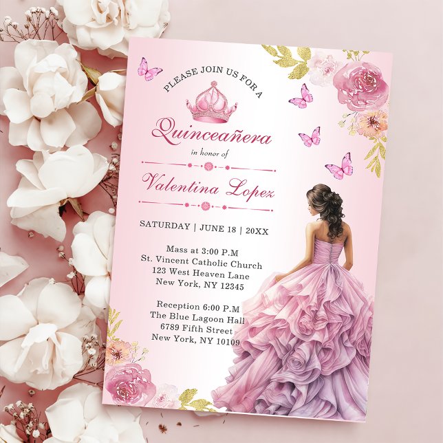 Elégant Blush rose Floral Quinceañera Invitation (Créateur téléchargé)