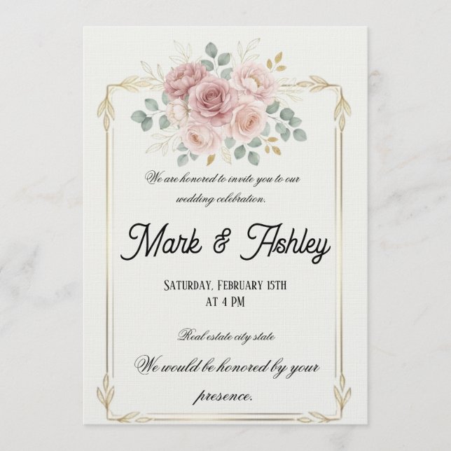 Elegant Blush Rose & Gold Frame Wedding Invitation (Devant)