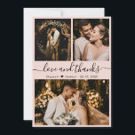 Elégant Blush rose Photo Collage Mariage Merci<br><div class="desc">Élégant, moderne, rose pâle main Lettré Mariage 3 Photo Collage Carte de remerciements. Modèle mariage élégant avec (3) trois photos sur le devant et (1) une photo sur le dos. Avec le texte "Amour et merci" script dans un tourbillonnant cursif lettré typographie swash-tail police en couleur noire sur rose pastel...</div>