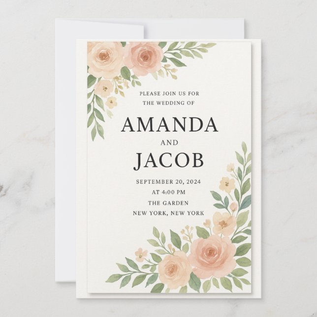 Elegant Blush Watercolor Floral Wedding Invitation (Devant)