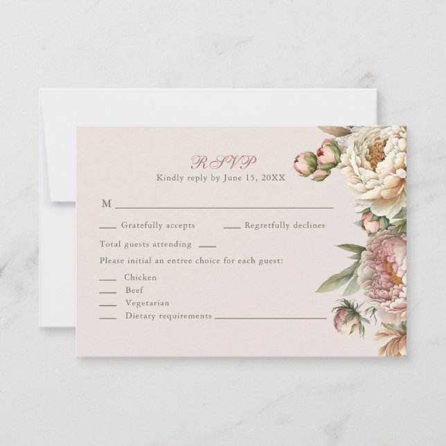 Elegant Blush Watercolor Peonies RSVP Card (Devant)