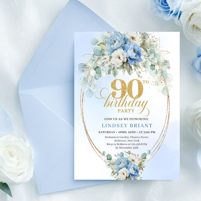 Elegant Boho Blue Peonies 90th Birthday Invitation (Elegant Boho Blue Peonies 90th Birthday Invitation)