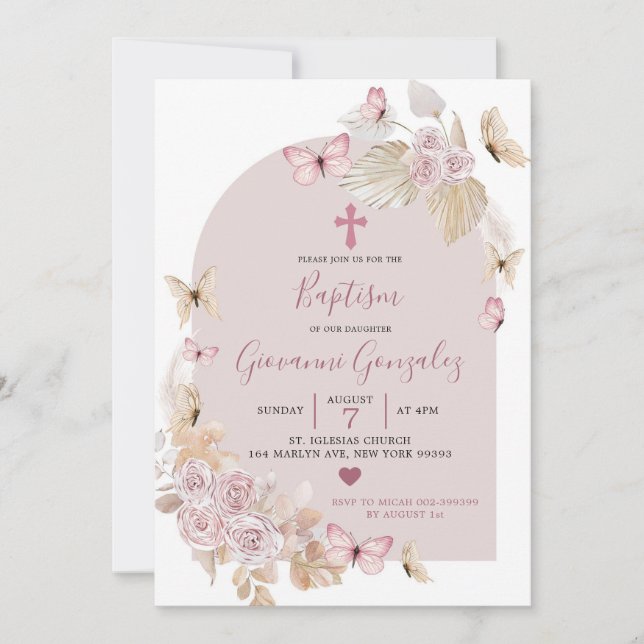 Élégant Boho Blush Butterfly Baptism Invitation (Devant)