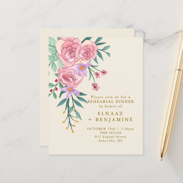Elégant Boho Blush Rose Aquarelle Mariage Floral (Devant/Arrière en situation)