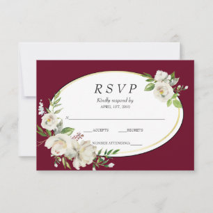 Elégant Boho Bourgogne Floral Gold Wedding RSVP