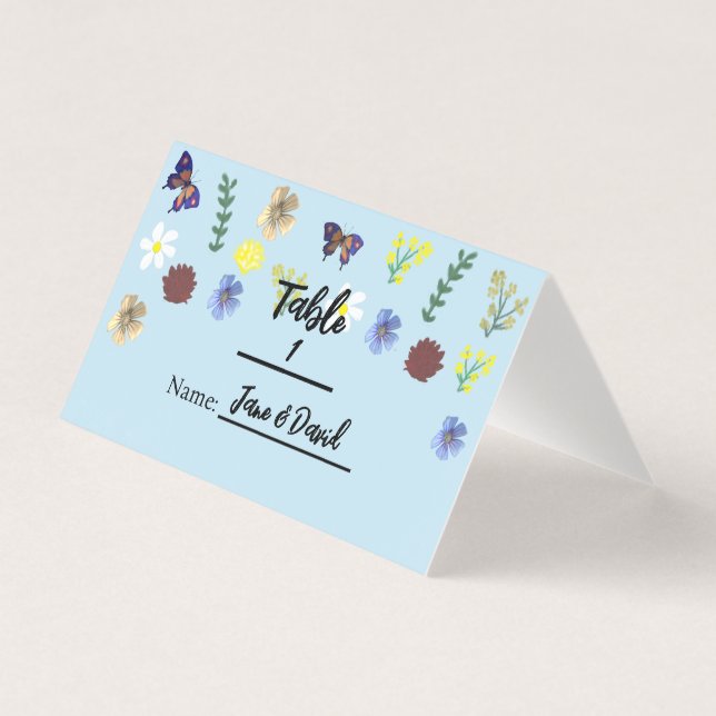 Elégant Boho Fleur sauvage Blue Place Cartes (Front)