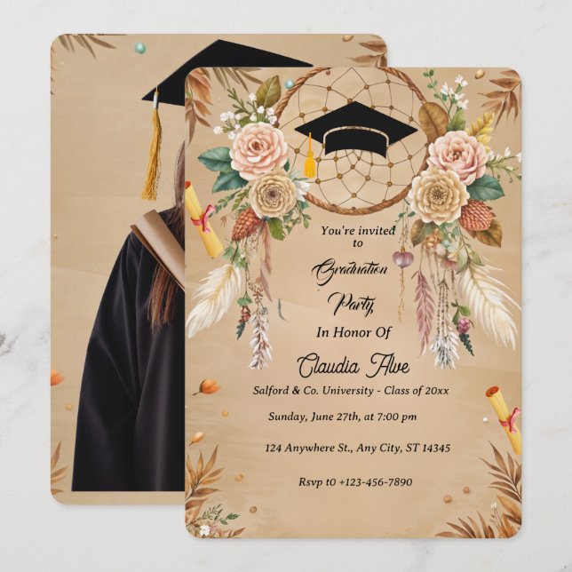 Elegant Boho Graduation Carte d'invitation (Devant / Derrière)