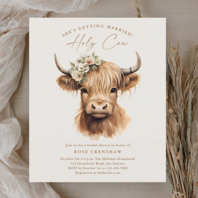 Elegant Boho Highland Fête des mariées de vache (Elegant boho highland cow budget bridal shower invitations.)