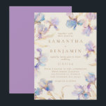 Elegant Boho Iris Faire-part de mariage<br><div class="desc">Cette élégante invitation de mariage est parfaite pour les mariages du printemps et de l'été. Cette conception comporte un anneau d'iris aquarelle dans les tons lilas et bleu périvent. De subtiles touches d'or ajoutent un élément magique et scintillant.</div>