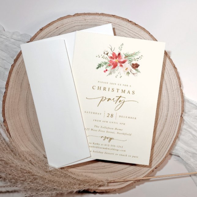 Elégant Boho Noël Fête Invitation Crème Or (Boho Christmas party invitations - elegant cream poinsettia)