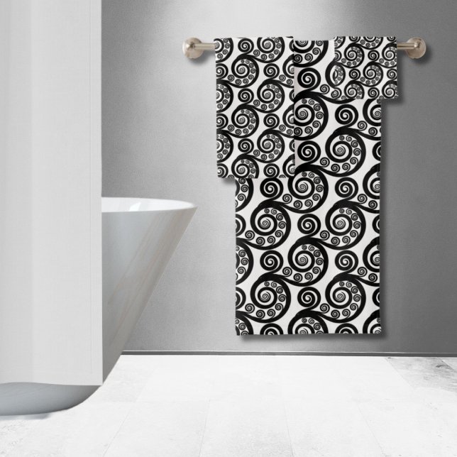 Élégant Boho Noir Blanc Botanique Feuille de Fougè (Elegant Boho Black White Botanical Fern Leaf Curls Bath Towel Set)