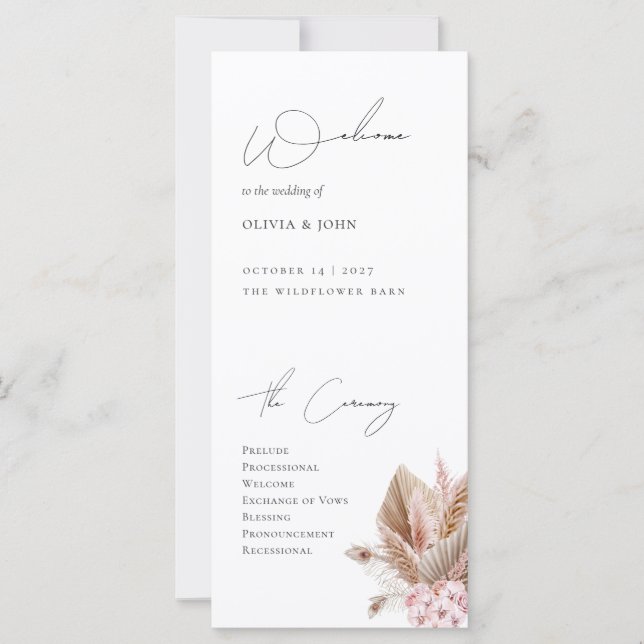 Elegant Boho Pampas Grass Wedding Program (Devant)