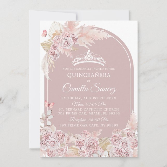 Elégant Boho rose Dusty Quinceañera Invitation (Devant)