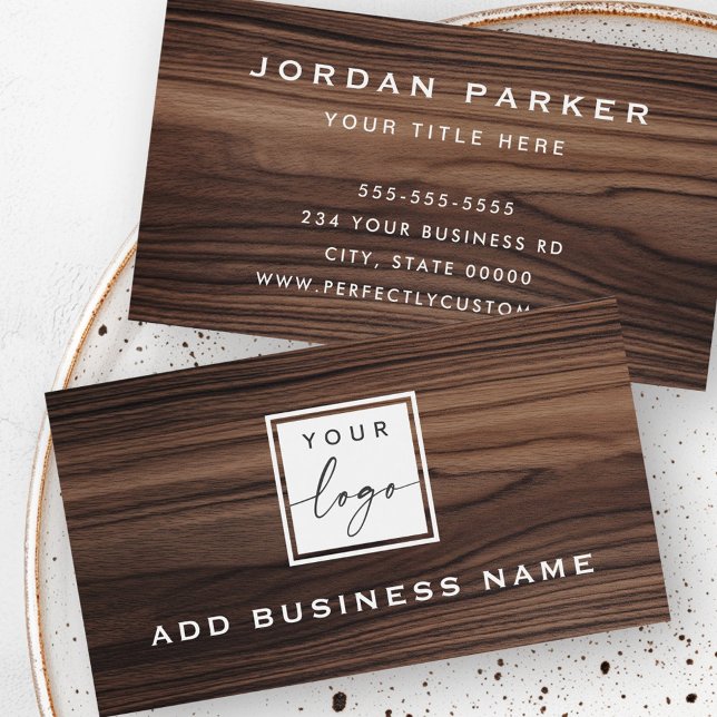 Élégant bois brun look carte de visite (Elegant brown wood grain look logo business card)
