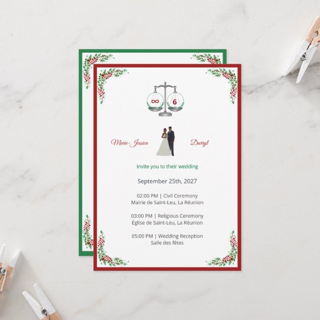 Elegant Bordeaux Emerald Scale Wedding Invitation (Devant/Arrière en situation)