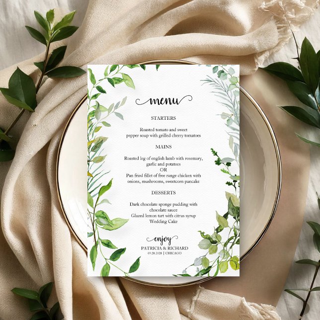 Elégant Botanical Greenery Mariage Menu Mariage (Créateur téléchargé)