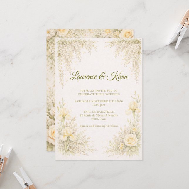 Elegant Botanical Wedding Invitation Green Floral  (Devant/Arrière en situation)