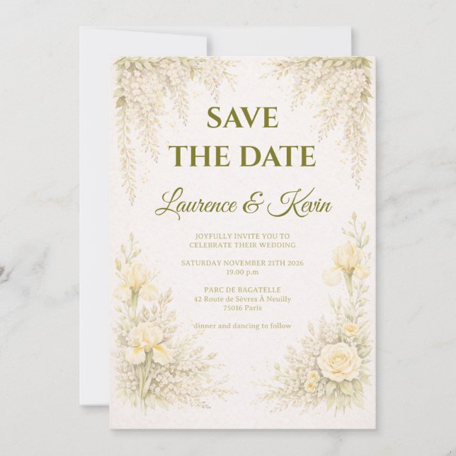 Elegant Botanical Wedding Invitation Save the date (Devant)
