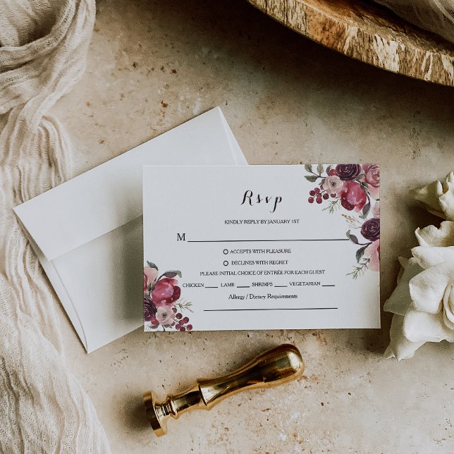 Élégant Bourgogne Été Floral Rsvp Menu Choix (Créateur téléchargé)