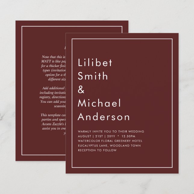 Élégant Bourgogne Monochrome Mariage Simple Classi (Devant / Derrière)