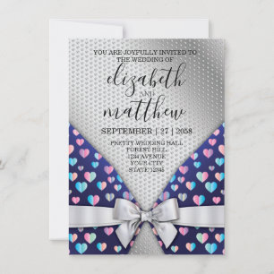 Élégant Bow Invitation Argent et Speckles Coeurs