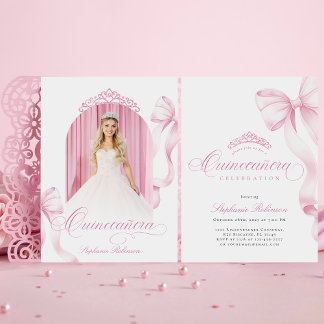 Elégant Bow rose Photo Quinceañera Invitation