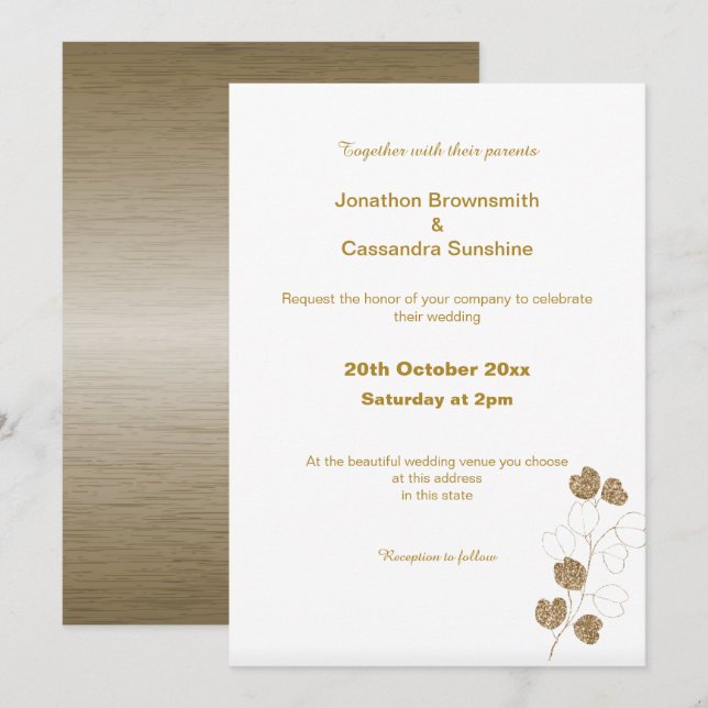 ÉLÉGANT BRONZE OR EUCALYPTUS FAIRE-PART DE MARIAGE (Devant / Derrière)
