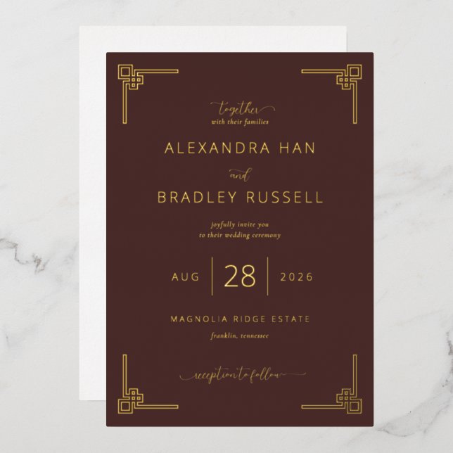 Elegant Brown Geometric Wedding Invitations (Recto/Verso)