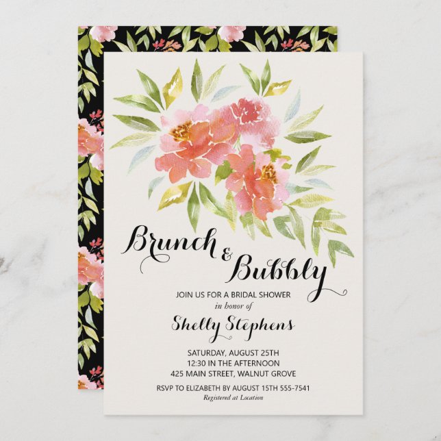 Elégant Brunch et bulle Floral Shower Invitation (Devant / Derrière)