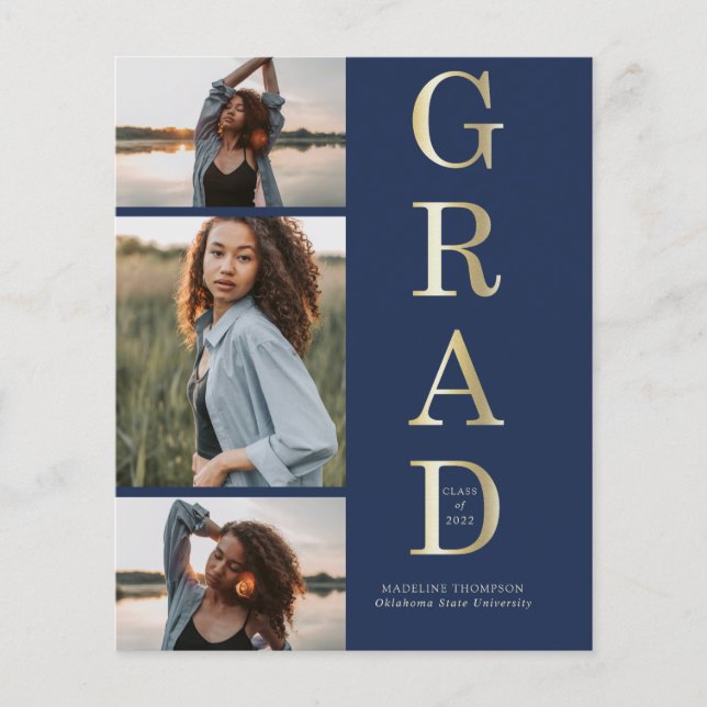 Élégant Budget Bleu Nuit Or 3 Photo Graduation (Devant)
