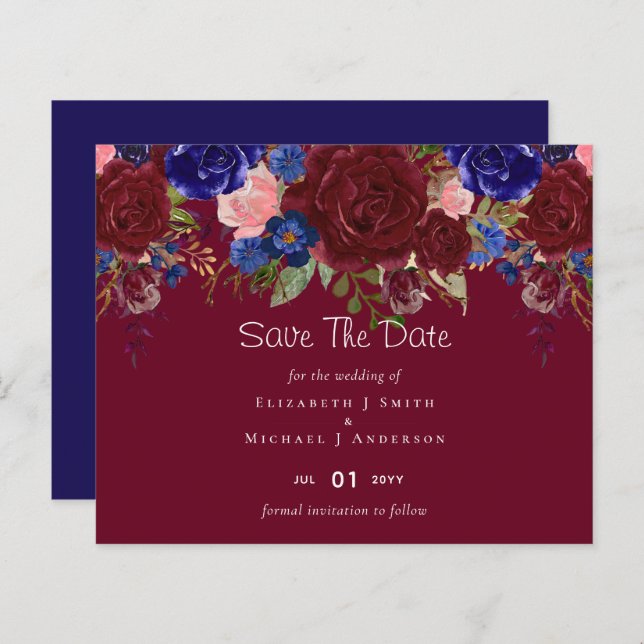 Élégant budget Burgundy Blue Floral Mariage (Devant / Derrière)