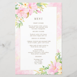 Elégant budget Floral Aquarelle Pink Mariage Menu