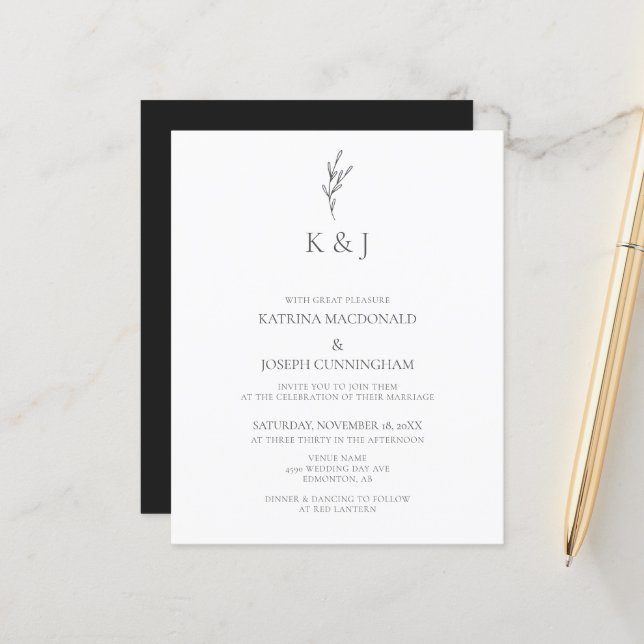 Élégant budget Monogramme minimaliste Mariage chic (Devant/Arrière en situation)
