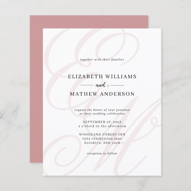 Élégant budget Script Dusty Pink Monogram Mariage (Devant / Derrière)