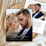 Élégant budget Script Mariage photo Carte de remer<br><div class="desc">Budget Modern Elegant Script 2 Mariage photo Merci abordable carte mince à petit budget. Un mariage élégant vous remercie modèle avec une photo verticale complète sur le devant avec le texte superposé "Merci" dans une police calligraphie ou script de typographie en blanc sur l'image. À l'envers une photo et un...</div>