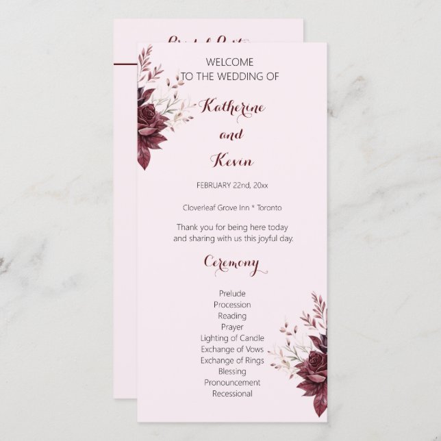 Élégant Burgandy Blush Floral Wedding Programme (Devant / Derrière)