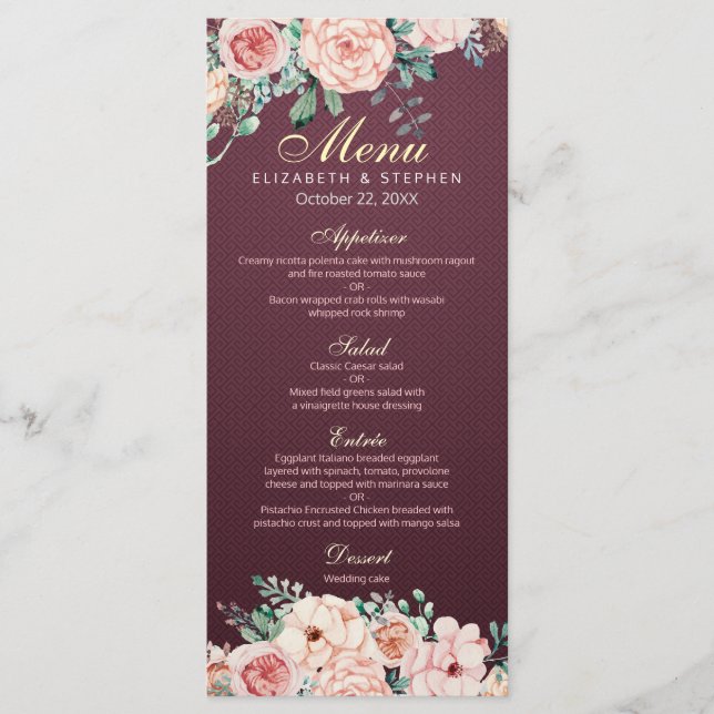 Elégant Burgundy Aquarelle Floral Menu Mariage (Devant)