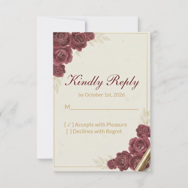 Elegant Burgundy Floral and Gold Wedding RSVP Card (Devant)