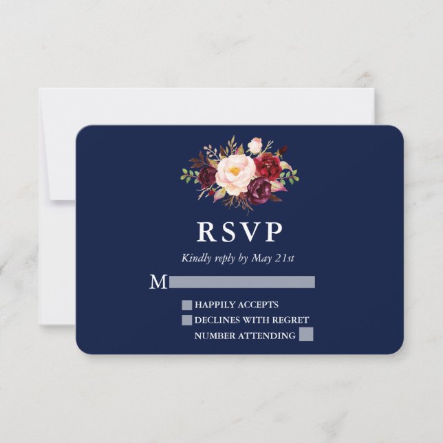 Elégant Burgundy Floral Blue Wedding RSVP (Devant)