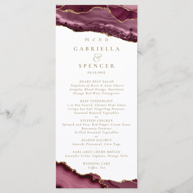 Elégant Burgundy Gold Agate Menu Mariage (Devant)