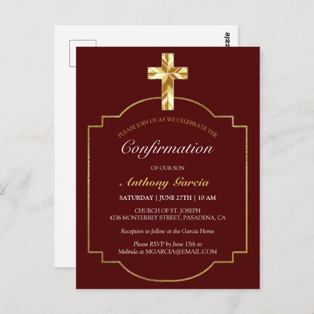Elégant Burgundy Gold Boys Confirmation Invitation (Devant / Derrière)