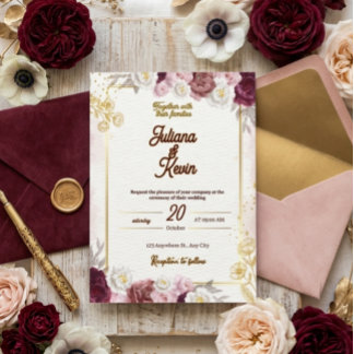 Elegant Burgundy & Gold Floral Wedding Invitation