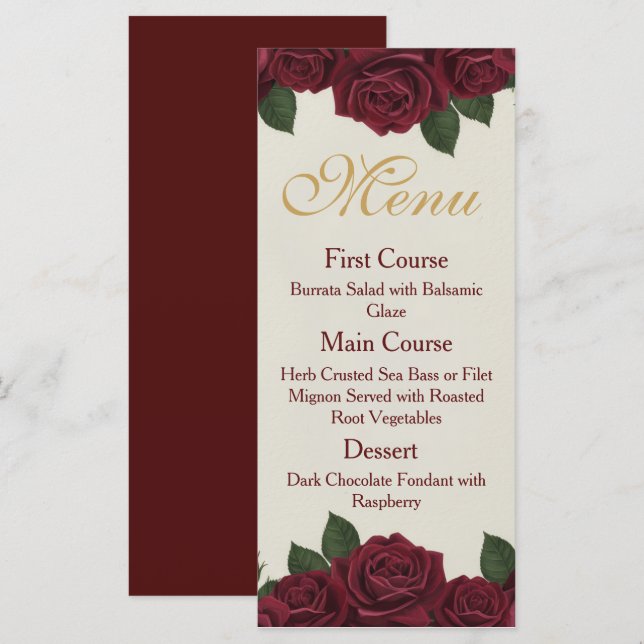 Elegant Burgundy Rose and Gold Floral Wedding Menu (Devant / Derrière)