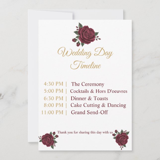 Elegant Burgundy Rose & Gold Wedding Day Timeline  (Devant)
