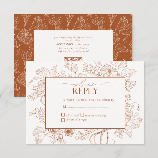 Elégant Burnt Orange Floral Line Art Wedding RSVP (Devant / Derrière)