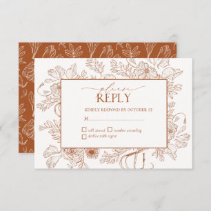 Elégant Burnt Orange Floral Line Art Wedding RSVP
