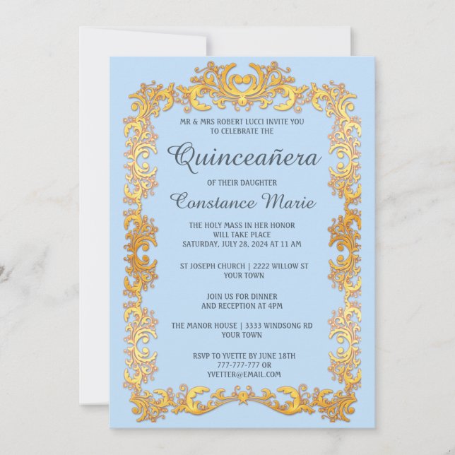 Elégant cadre Or Quinceanera Invitation (Devant)