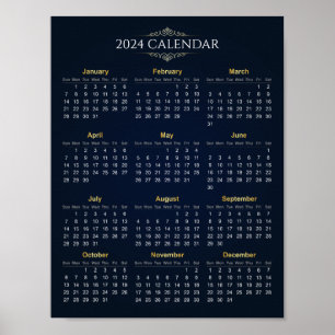 Élégant Calendrier Gold et Blue 2024   Poster