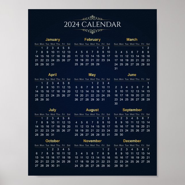 Élégant Calendrier Gold et Blue 2024 | Poster (Devant)